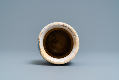 A polychrome maiolica albarello-type ointment jar, Northern Netherlands, ca. 1600