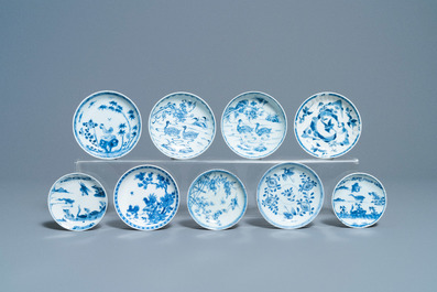 Eighteen Chinese blue and white saucers, seven cups, two dishes and a tea caddy, Kangxi/Qianlong