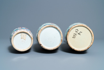 Three Chinese famille rose vases, 19th C.