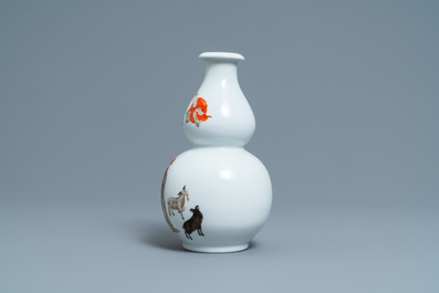 A Chinese polychrome double gourd vase with a goat shepherd, Qianlong mark, Republic