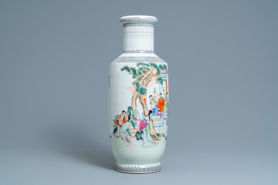 A Chinese famille rose rouleau vase with figures in a garden, Republic