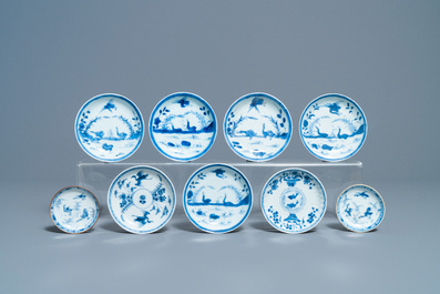 Eighteen Chinese blue and white saucers, seven cups, two dishes and a tea caddy, Kangxi/Qianlong