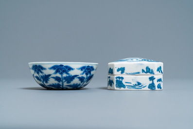 A Chinese blue and white plate, a bowl and a box and cover, Qianlong and Guangxu mark, 19/20th C.