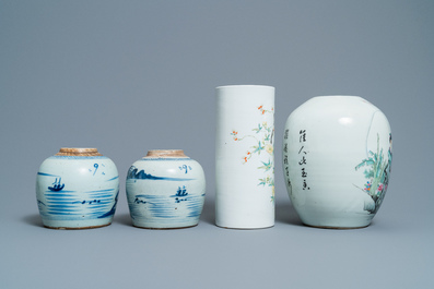 A pair of Chinese blue and white jars, a famille rose hat stand and a ginger jar, 18/19th C.