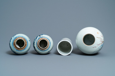 A pair of Chinese blue and white jars, a famille rose hat stand and a ginger jar, 18/19th C.