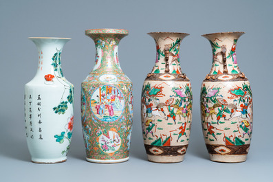 A pair of Chinese Nanking famille rose vases, a Canton vase and a 'phoenixes' vase, 19/20th C.