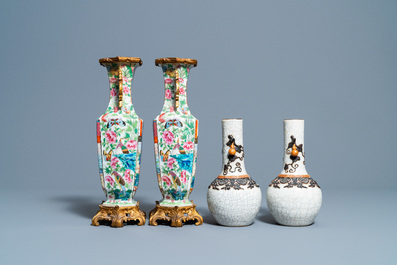 Three pairs of Chinese famille rose, verte and crackle-glazed vases, 19th C.