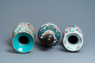 Three Chinese famille rose vases, 19th C.