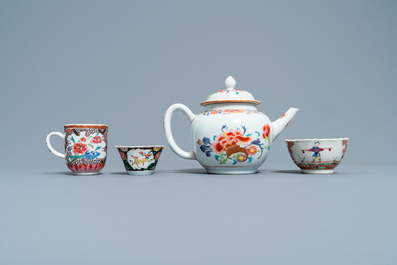 A Chinese famille rose teapot and three cups and saucers, Yongzheng/Qianlong