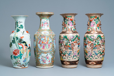 A pair of Chinese Nanking famille rose vases, a Canton vase and a 'phoenixes' vase, 19/20th C.