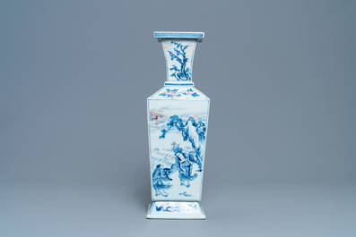 A Chinese square-sectioned blue, white and copper-red vase, Kangxi