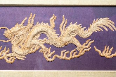 Three Chinese panels of embroidered silk, 19/20th C.