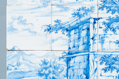 A very fine Dutch Delft blue and white tile mural with a shepherdess, 18th C.