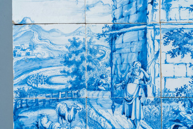 Un tableau de carreaux en fa&iuml;ence de Delft en bleu et blanc &agrave; d&eacute;cor d'une berg&egrave;re, 18&egrave;me