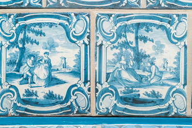 A composite stove with blue and white stove tiles, Nurnberg faience, Germany, 18th C.