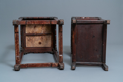 Two Chinese hongmu wooden stands with marble tops, 19th C.