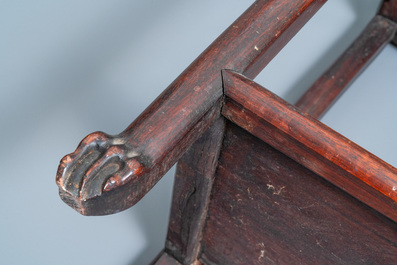 Two Chinese hongmu wooden stands with marble tops, 19th C.