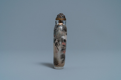 A Chinese inside-painted glass snuff bottle with cranes, signed Ding Erzhong, dated 1895