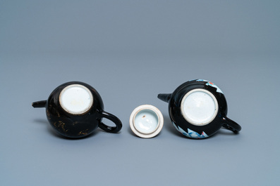 Two Chinese famille noire teapots, a pattipan and two spoon trays, Yongzheng/Qianlong