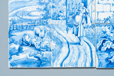 A very fine Dutch Delft blue and white tile mural with a shepherdess, 18th C.