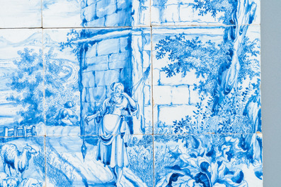 A very fine Dutch Delft blue and white tile mural with a shepherdess, 18th C.