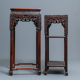 Two Chinese hongmu wooden stands with marble tops, 19th C.
