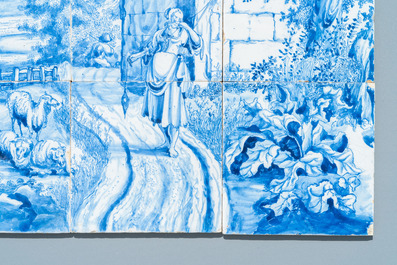 A very fine Dutch Delft blue and white tile mural with a shepherdess, 18th C.