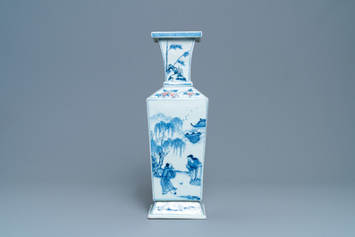 A Chinese square-sectioned blue, white and copper-red vase, Kangxi