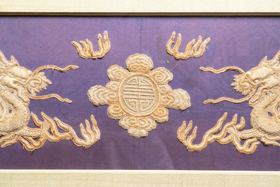 Three Chinese panels of embroidered silk, 19/20th C.