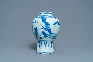 A Chinese blue and white vase with figures in a landscape, Transitional period