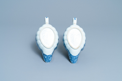 A pair of Chinese blue and white 'Xi Xiang Ji' sauceboats on stand, Qianlong