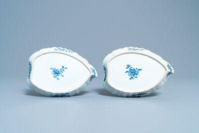 A pair of Chinese blue and white 'Xi Xiang Ji' sauceboats on stand, Qianlong