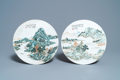 Two round Chinese qianjiang cai 'landscape' plaques, signed Ao Shaoquan and dated 1904