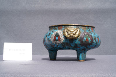 A large Chinese cloisonn&eacute; tripod censer, Ming