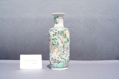 A rare Chinese famille verte 'Feng shen bang' rouleau vase, Kangxi