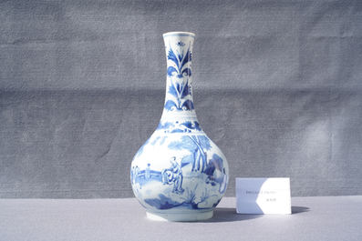 A Chinese blue and white bottle vase with figures in a landscape, Transitional period