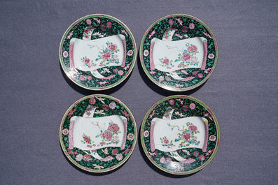Eighteen Chinese famille rose plates with floral sprigs on scrolls, Yongzheng