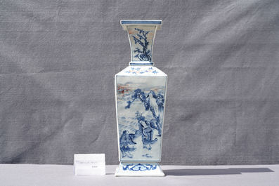 A Chinese square-sectioned blue, white and copper-red vase, Kangxi