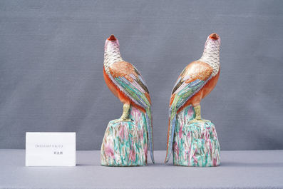 A pair of Chinese famille rose models of pheasants, Qianlong