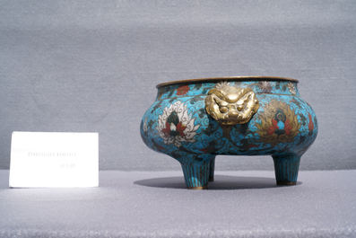 A large Chinese cloisonn&eacute; tripod censer, Ming