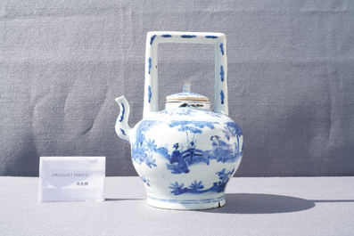 A large Chinese blue and white 'scholars' wine ewer and cover, Transitional period