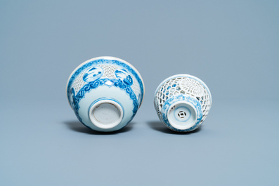 Two Chinese blue and white reticulated bowls, Transitional period and Kangxi