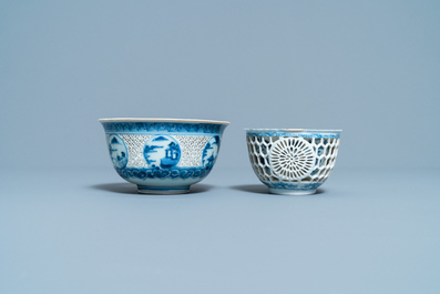 Two Chinese blue and white reticulated bowls, Transitional period and Kangxi