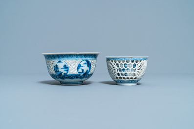 Two Chinese blue and white reticulated bowls, Transitional period and Kangxi