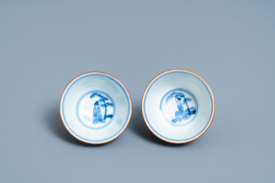 A pair of Japanese blue and white Arita bowls and a pair of celadon 'deer' dishes, Edo, 18/19th C.