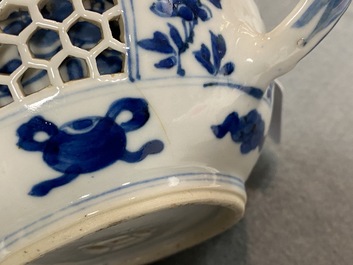 A Chinese blue and white reticulated double-walled teapot and cover, Transitional period