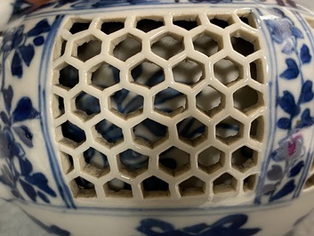 A Chinese blue and white reticulated double-walled teapot and cover, Transitional period