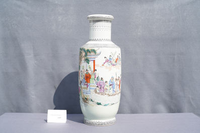 A Chinese famille rose rouleau vase with figures in a garden, Republic