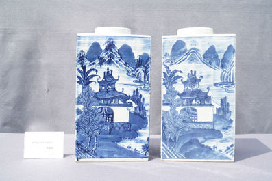 A pair of Chinese blue and white square 'landscape' jars, 19th C.