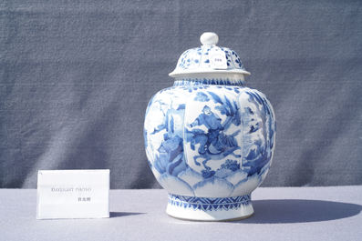 A Chinese blue and white 'horseriders' vase and cover, Kangxi